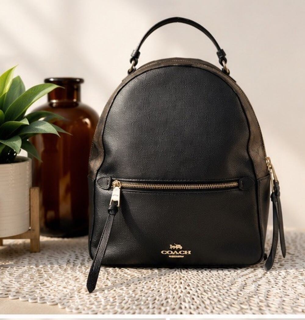 Coach Mini Court Backpack Black Brown Signature Canvas Leather Gold Zip Bag